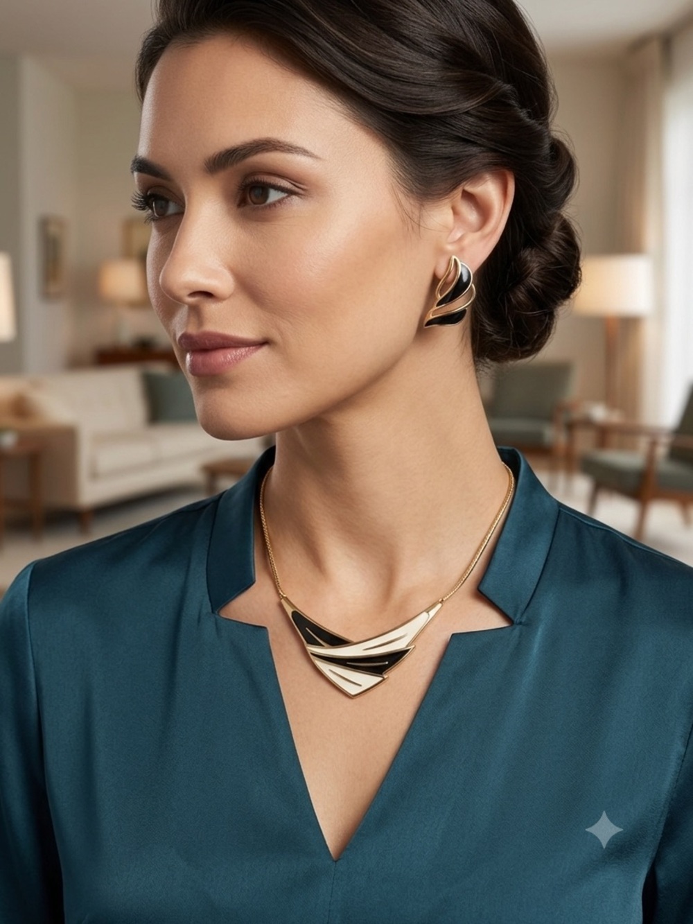 Gold-Tone Black Enamel Wave Necklace & Earrings Set